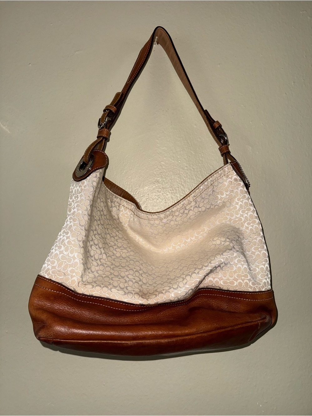 Coach Cream and Brown Shoulder Bag with Leather Trim